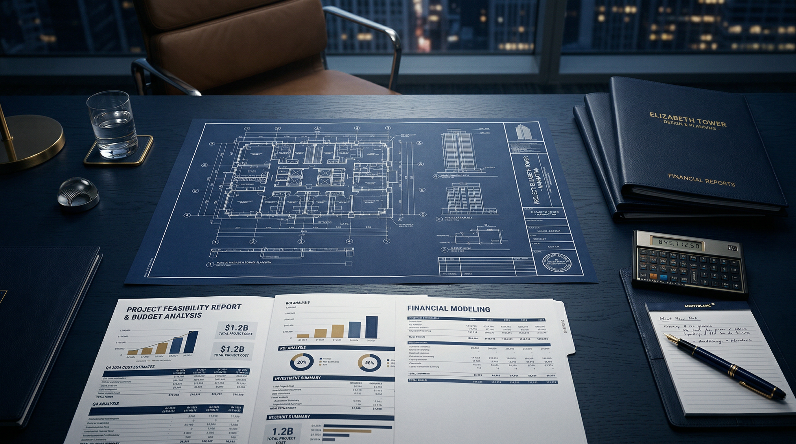 Professional project report and financial planning documents on a desk
