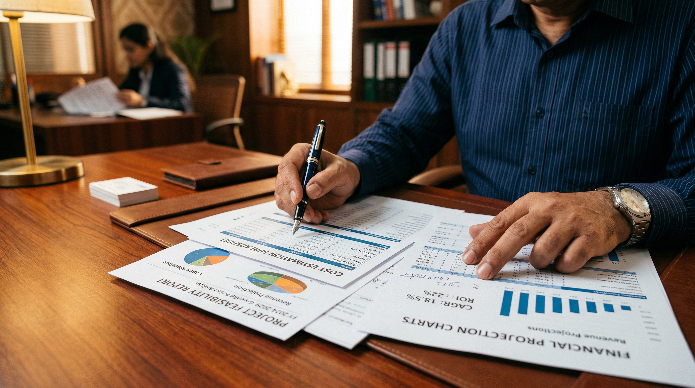 Professional reviewing detailed cost estimation and project reports